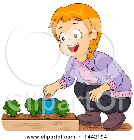 Clipart of a Cartoon Red Haired Caucasian Girl Picking Snails out of Her Garden - Royalty Free Vector Illustration by BNP Design Studio
