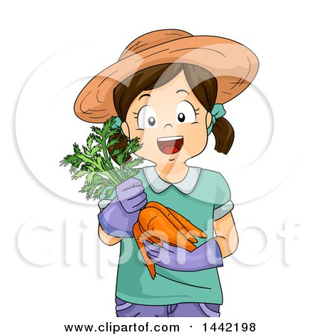 Clipart of a Happy Caucasian Girl Wearing a Sun Hat and Holding Harvested Carrots - Royalty Free Vector Illustration by BNP Design Studio