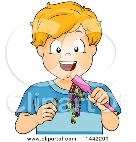 Clipart of a Cartoon Blond Caucasian Boy Experimenting with Magnets and Paperclips - Royalty Free Vector Illustration by BNP Design Studio