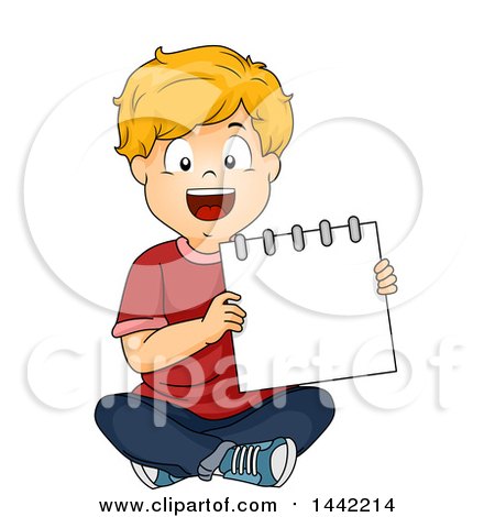 Clipart of a Cartoon Blond Caucasian School Boy Sitting and Presenting a Blank Notebook - Royalty Free Vector Illustration by BNP Design Studio