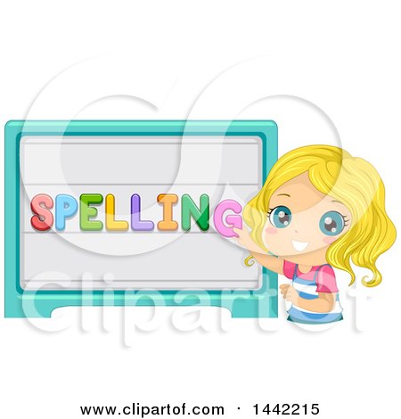 Clipart of a Blond Caucasian School Girl Spelling on a Board - Royalty Free Vector Illustration by BNP Design Studio