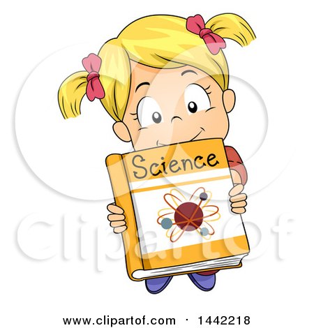 Clipart of a Cartoon Blond Caucasian Girl Holding up a Science Book - Royalty Free Vector Illustration by BNP Design Studio