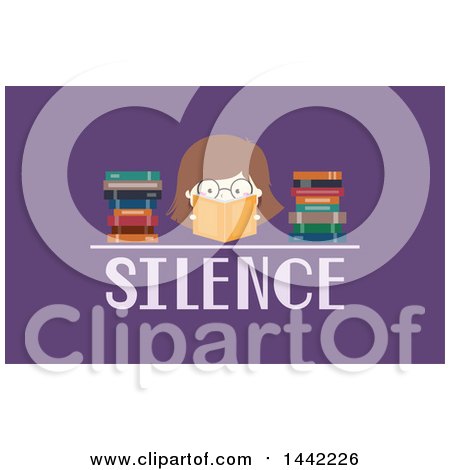 Clipart of a Brunette Caucasian Nerdy Girl Reading a Book, with Stacks over the Word Silence on Purple - Royalty Free Vector Illustration by BNP Design Studio