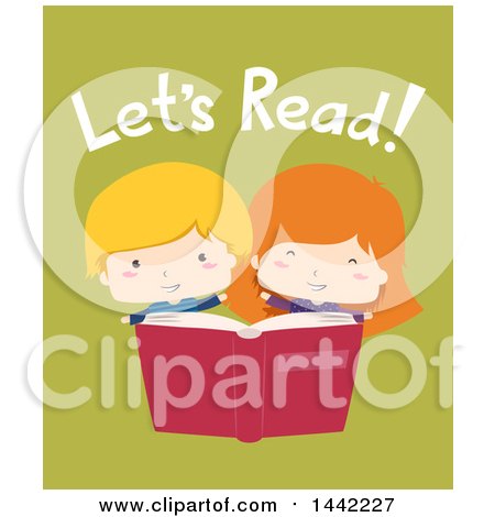 Clipart of a Flat Style Caucasian Boy and Girl with an Open Book and Lets Read Text on Green - Royalty Free Vector Illustration by BNP Design Studio