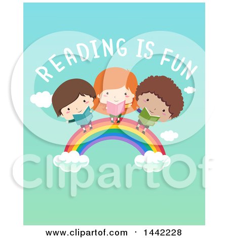 Clipart of a Happy Girl and Boys Holding Books on a Rainbow Under Reading Is Fun Text - Royalty Free Vector Illustration by BNP Design Studio