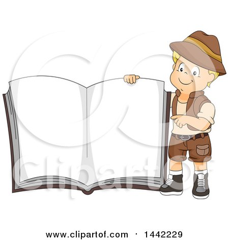 Clipart of a Cartoon Caucasian Safari Boy Holding up a Giant Book - Royalty Free Vector Illustration by BNP Design Studio