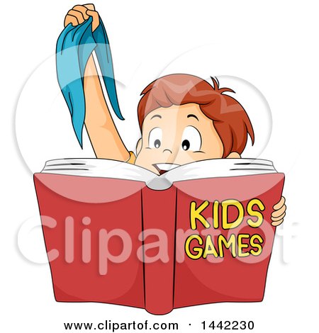Clipart of a Cartoon Caucasian Boy Holding up a Blindfold and Reading a Book About Games - Royalty Free Vector Illustration by BNP Design Studio