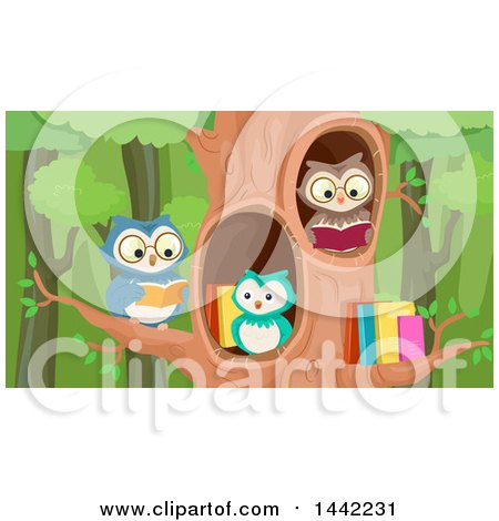 Clipart of a Group of Owls Reading in a Tree - Royalty Free Vector Illustration by BNP Design Studio