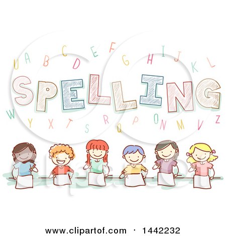 Clipart of a Group of Sketched School Children Learning How to Spell - Royalty Free Vector Illustration by BNP Design Studio