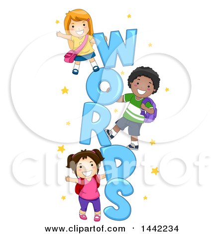 Clipart of a Group of School Children Playing on WORDS Text - Royalty Free Vector Illustration by BNP Design Studio