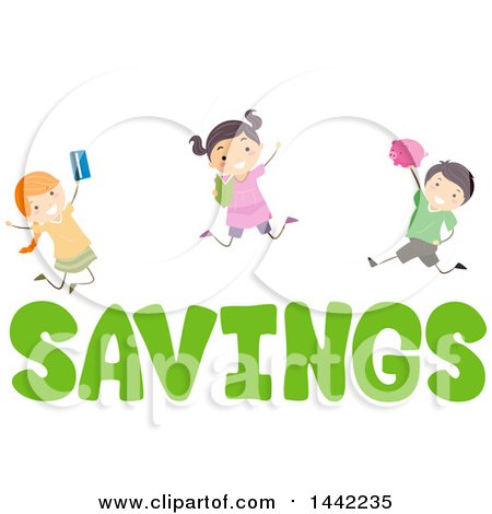 Clipart of a Group of Children Holding Financial Items and Jumping over Savings Text - Royalty Free Vector Illustration by BNP Design Studio