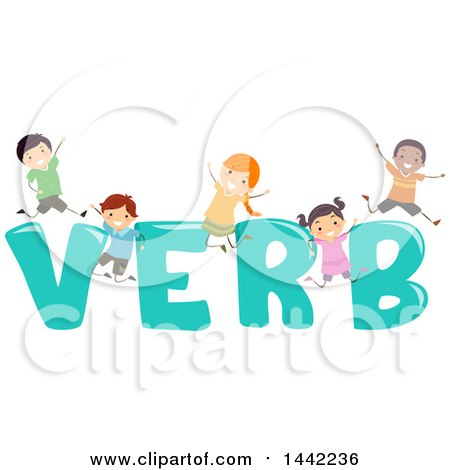 Clipart of a Group of School Children Jumping Around the Word VERB - Royalty Free Vector Illustration by BNP Design Studio