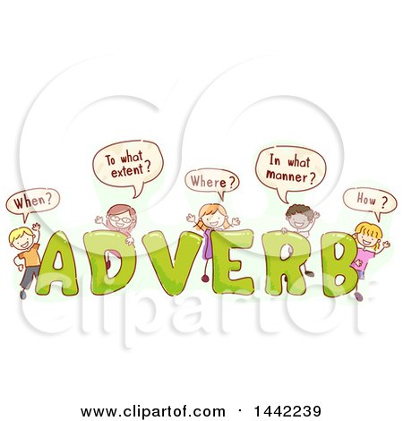 Clipart of a Group of Sketched Children Asking Questions with the Word ADVERB - Royalty Free Vector Illustration by BNP Design Studio