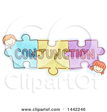 Clipart of a Sketched Boy and Girl with Puzzle Pieces and CONJUNCTION Text - Royalty Free Vector Illustration by BNP Design Studio