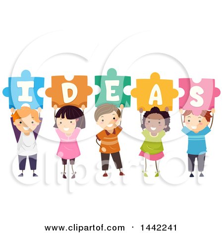 Clipart of a Group of School Children Holding up Puzzle Pieces Spelling IDEAS - Royalty Free Vector Illustration by BNP Design Studio