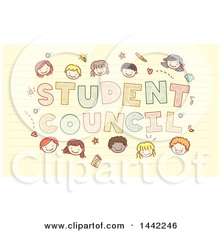 Clipart of a Sketched Group of School Children Around Student Council Text on Ruled Paper - Royalty Free Vector Illustration by BNP Design Studio