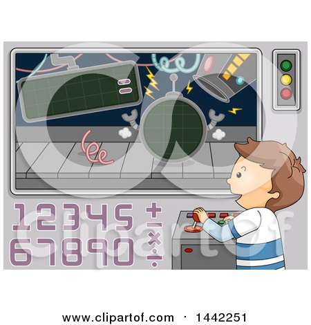 Clipart of a Cartoon Brunette Caucasian Boy Using Math to Control Robots - Royalty Free Vector Illustration by BNP Design Studio