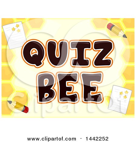 Clipart of a Honeycomb Background with Paper and Pencils Around Quiz Bee Text - Royalty Free Vector Illustration by BNP Design Studio