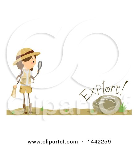 Clipart of a Brunette Caucasian Girl Holding a Magnifying Glass by a Fossil, with Explore Text - Royalty Free Vector Illustration by BNP Design Studio