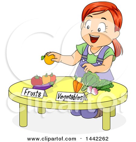 Clipart of a Sketched Red Haired Caucasian Girl Kneeling at a Table and Separating Fruits and Vegetables - Royalty Free Vector Illustration by BNP Design Studio