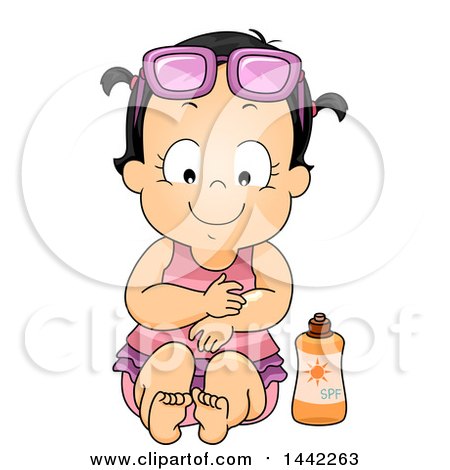 Clipart of a Brunette Caucasian Toddler Girl in a Swimsuit, Sitting by Sunblock - Royalty Free Vector Illustration by BNP Design Studio