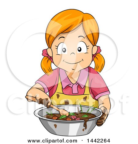 Clipart of a Red Haired Caucasian Girl Making a Mud Pie - Royalty Free Vector Illustration by BNP Design Studio