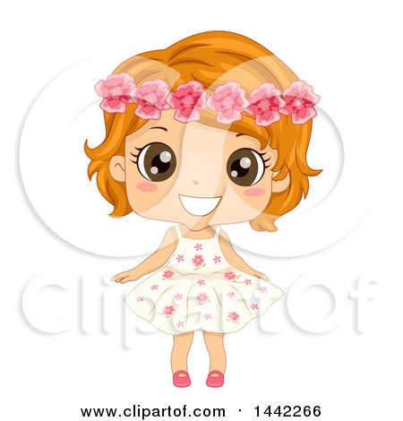 Clipart of a Red Haired Caucasian Girl in a Flower Dress, Wearing a Floral Crown - Royalty Free Vector Illustration by BNP Design Studio