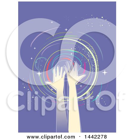Clipart of a Pair of Raised Hands with a Planet, Stars and Spirals on Purple - Royalty Free Vector Illustration by BNP Design Studio