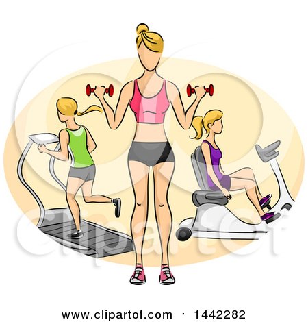 Clipart of a Sketched Faceless Blond Caucasian Woman Shown Working out with Dumbbells, on a Stationary Bicycle and on a Treadmill in a Gym - Royalty Free Vector Illustration by BNP Design Studio
