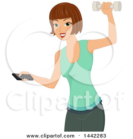 Clipart of a Brunette Caucasian Woman Holding a Tv Remote and Working out with a Dumbbell - Royalty Free Vector Illustration by BNP Design Studio
