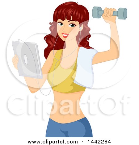 Clipart of a Red Haired Caucasian Woman Holding a Tablet Computer and Working out with a Dumbbell - Royalty Free Vector Illustration by BNP Design Studio