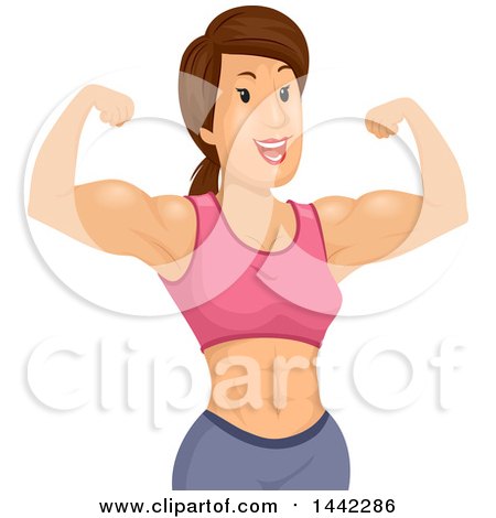 Clipart of a Muscular Brunette Caucasian Woman Flexing - Royalty Free Vector Illustration by BNP Design Studio