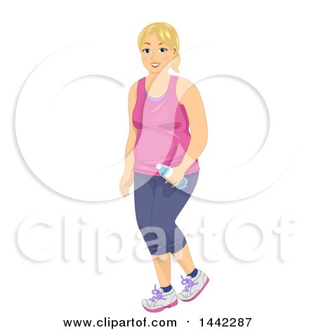 Clipart of a Chubby Blond Caucasian Woman Walking and Carrying a Water Bottle - Royalty Free Vector Illustration by BNP Design Studio