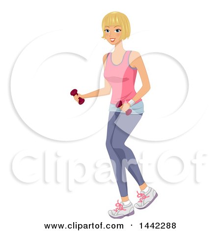 Clipart of a Fit Blond Caucasian Woman Walking and Working out with Dumbbells - Royalty Free Vector Illustration by BNP Design Studio
