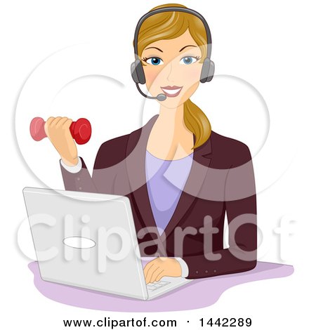 Clipart of a Blond Caucasian Woman Working out with a Dumbbell While Working in an Office - Royalty Free Vector Illustration by BNP Design Studio