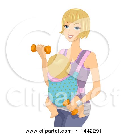 Clipart of a Fit Blond Caucasian Mother Working out with Dumbbells and Her Baby Strapped to Her Stomach - Royalty Free Vector Illustration by BNP Design Studio