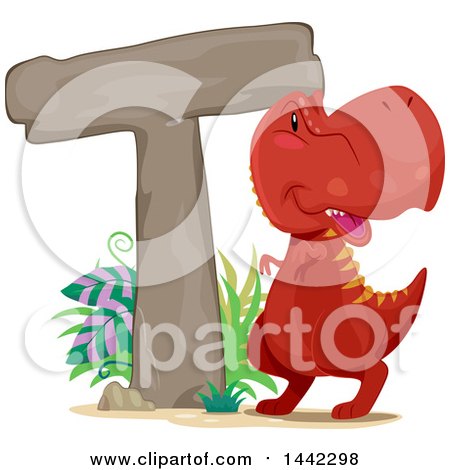 Clipart of a Red Tyrannosaurus Rex Dinosaur by a Letter T - Royalty Free Vector Illustration by BNP Design Studio