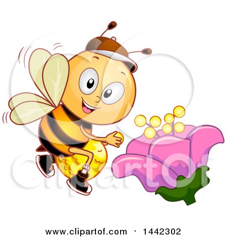 Clipart of a Happy Bee Pollinating a Flower - Royalty Free Vector Illustration by BNP Design Studio