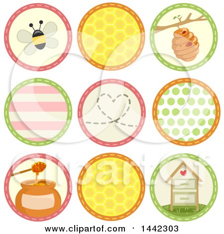 Clipart of Round Sewn Styled Icons with Bees, Patterns and Honey - Royalty Free Vector Illustration by BNP Design Studio