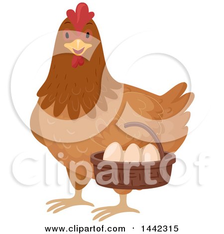 Clipart of a Happy Brown Hen Carrying a Basket of Chicken Eggs - Royalty Free Vector Illustration by BNP Design Studio