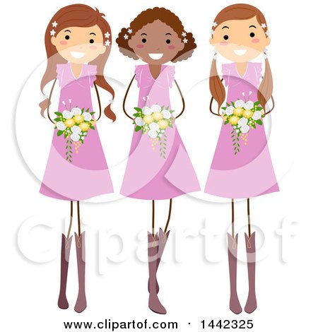 Clipart of a Group of Happy Young Wedding Bridesmaids in Pink Dresses - Royalty Free Vector Illustration by BNP Design Studio