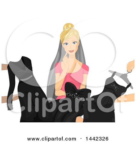 Clipart of a Blond Caucasian Bride Looking at Black Dresses - Royalty Free Vector Illustration by BNP Design Studio