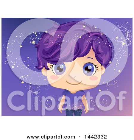 Clipart of a Caucasian Boy with Purple Eyes and Hair, Surrounded by Magical Stars - Royalty Free Vector Illustration by BNP Design Studio