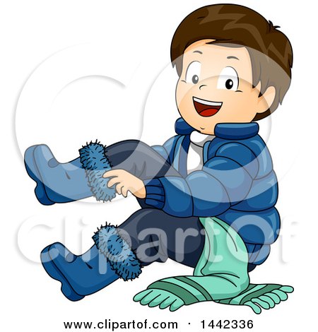 Clipart of a Cartoon Brunette Caucasian Boy Putting on Winter Boots - Royalty Free Vector Illustration by BNP Design Studio