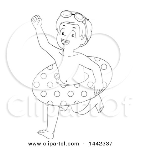 Clipart of a Black and White Lineart Little Boy Running to Go Swimming with an Inner Tube - Royalty Free Vector Illustration by BNP Design Studio