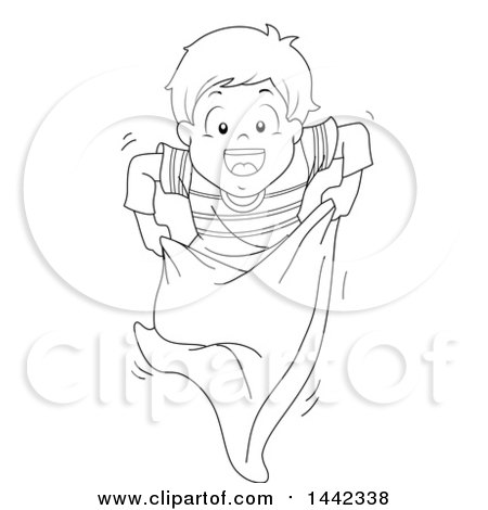 Clipart of a Black and White Lineart Little Boy Hopping in a Potato Sack - Royalty Free Vector Illustration by BNP Design Studio
