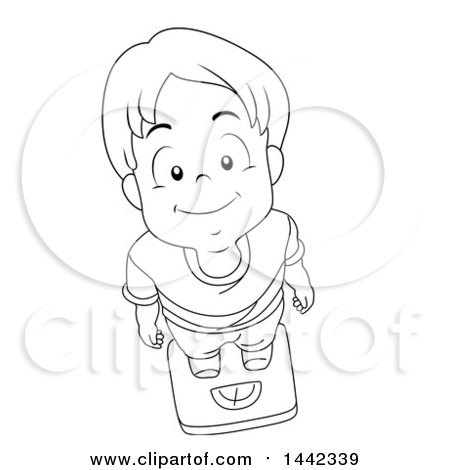 Clipart of a Black and White Lineart Little Boy Looking up and Standing on a Scale - Royalty Free Vector Illustration by BNP Design Studio