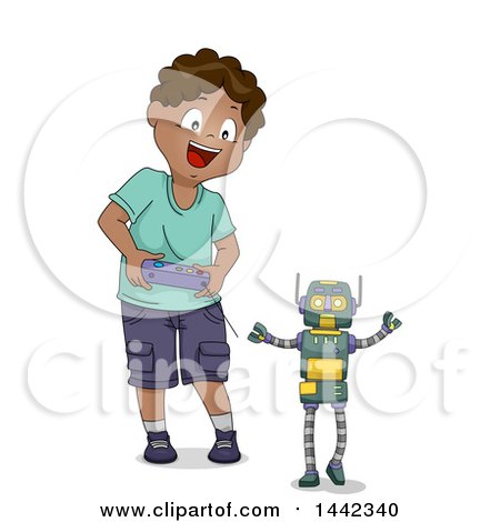 Clipart of a Cartoon Happy Black Boy Operating a Toy Robot - Royalty Free Vector Illustration by BNP Design Studio