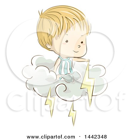 Clipart of a Sketched Caucasian Boy on a Cloud with Lightning Bolts - Royalty Free Vector Illustration by BNP Design Studio