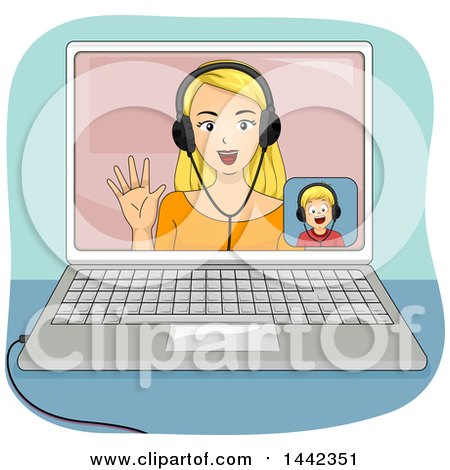 Clipart of a Blond Caucasian Mother and Son Video Chatting on a Laptop Computer - Royalty Free Vector Illustration by BNP Design Studio
